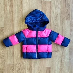 ‼️EUC Ralph Lauren Baby Girl Down Filled Coat-Hot Pink + Navy Stripes with Hood